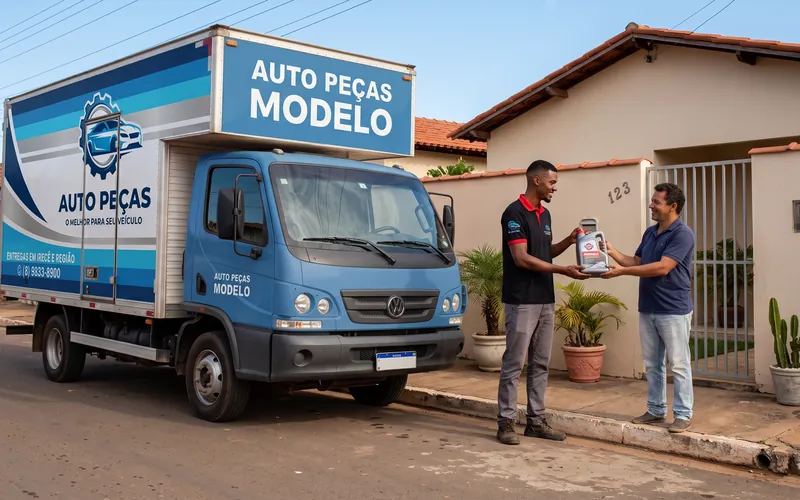 Caminhão de entregas da Auto Peças Modelo e entregador levando um produto até o cliente