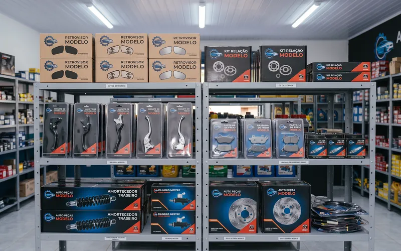 Prateleiras com retrovisores, kits relação, manetes, amortecedores e discos de freio para motos