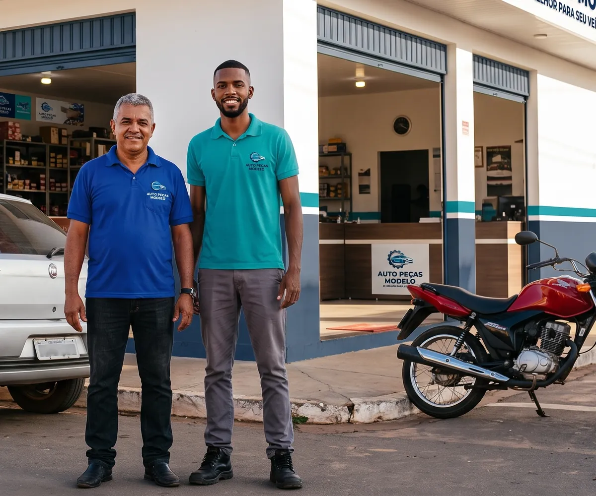Equipe da Auto Peças Modelo em frente à loja, no Centro de Irecê – BA
